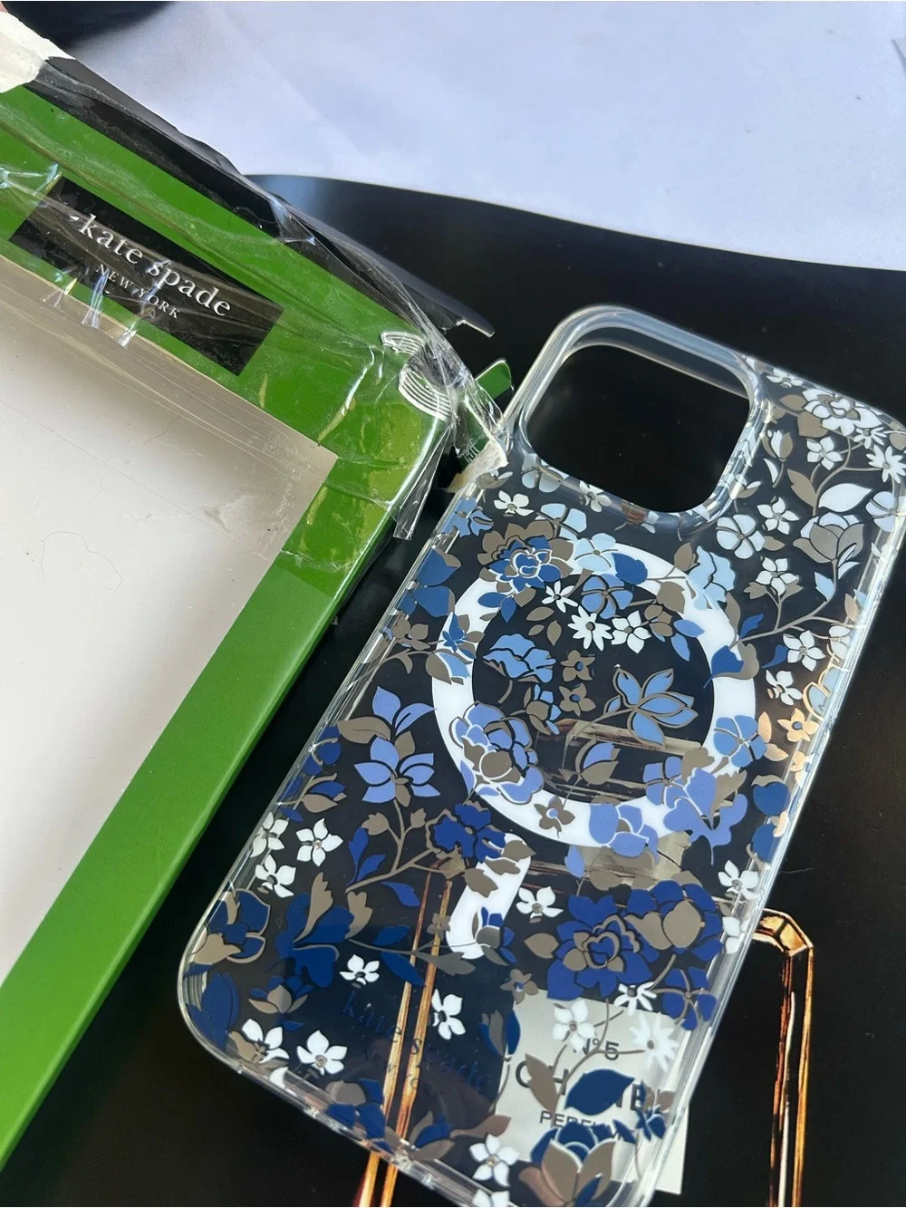 kate spade iPhone pro maxBlue Tan Floral Clear iPhone Case with PopSocket Ring